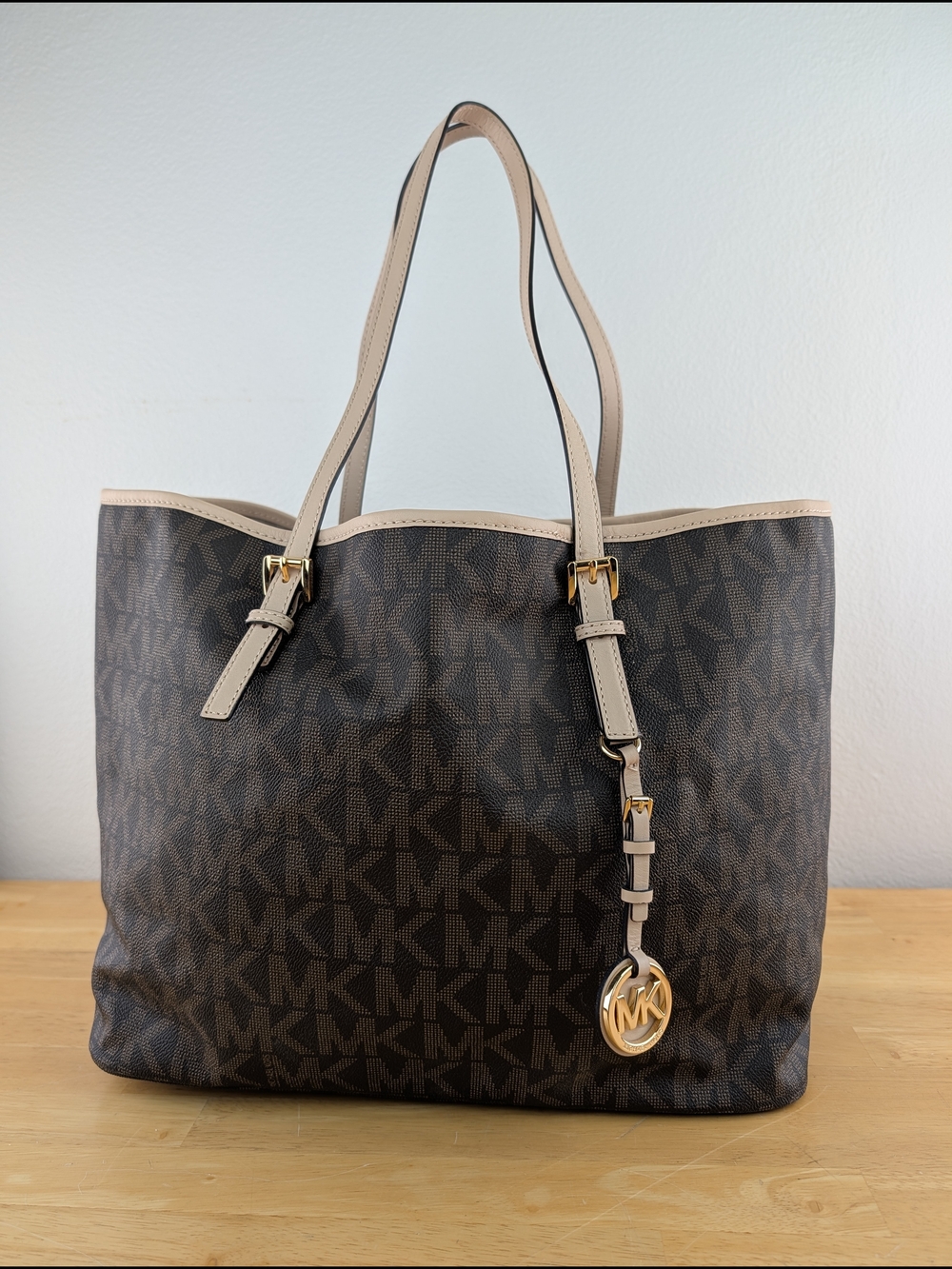 Michael Kors Signature Brown Beige Logo Tote Shoulder Bag Gold Hardware MK Charm